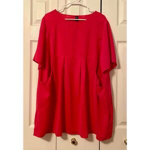Emery Rose Womens Pleated Front Blouse Short Sleeves Pockets 2XL HOT PINK